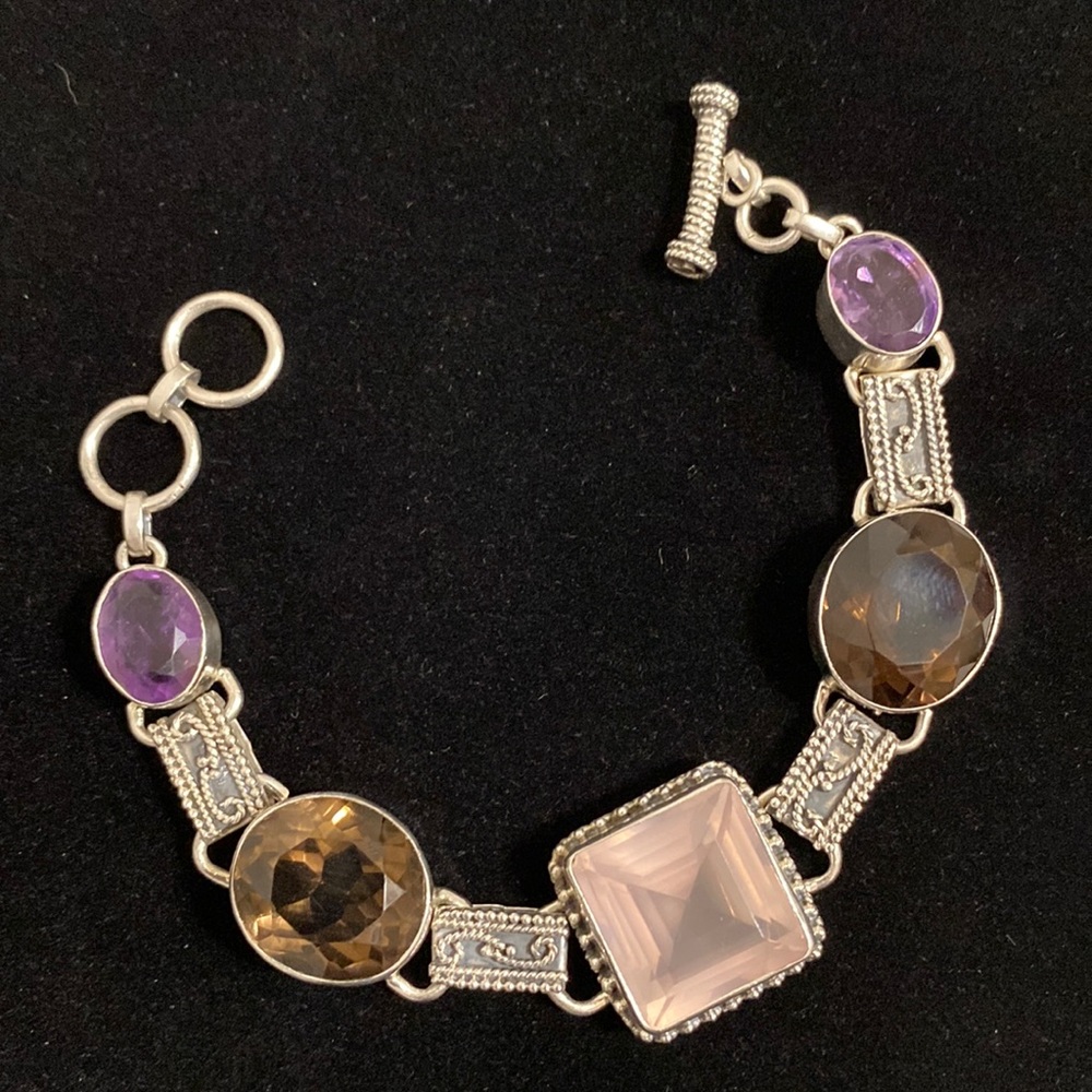*SOLD*STERLING SILVER BOLD MULTI GEMSTONE LINK BRACELET - Picture 1 of 10